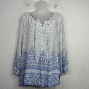 Lucky Brand Shirt Womens XL Blue Grey Sheer Abstract Geometric Boho Hippie Gypsy